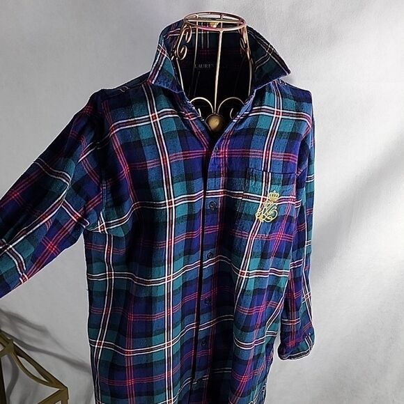 Ralph Lauren Plaid Flannel Night Shirt with embroidered R L crown - Picture 1 of 8